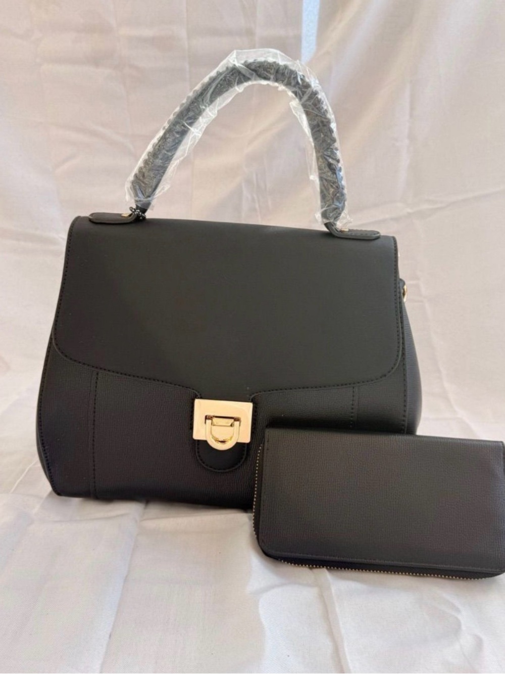 Classic Black Top-Handle Satchel with Wallet